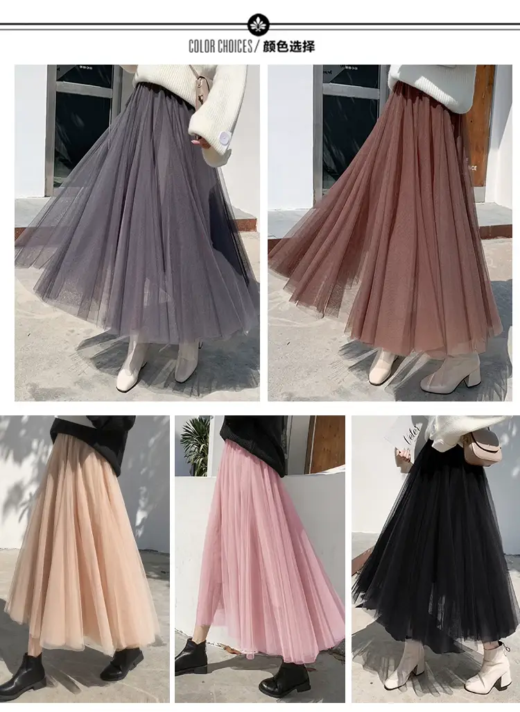 Black Gauze Pleated Skirt Mid Length Women Winter — feature 9