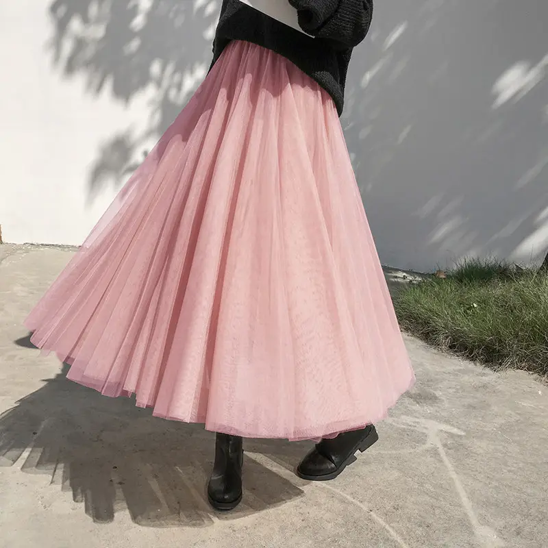 Black Gauze Pleated Skirt Mid Length Women Winter - Image 2
