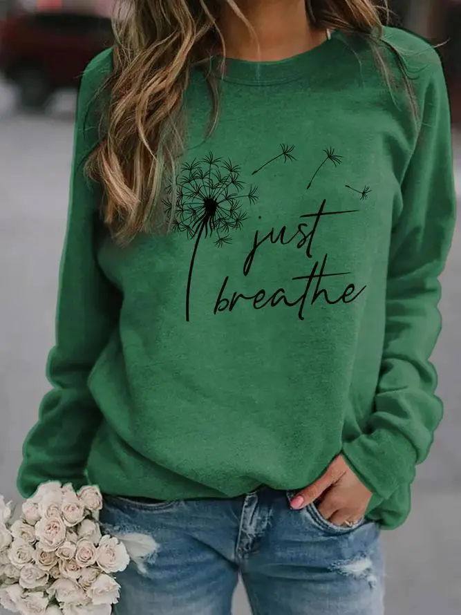 Blue Cotton Loose Crewneck Sweatshirt with "Just I Breathe" Design - Image 7