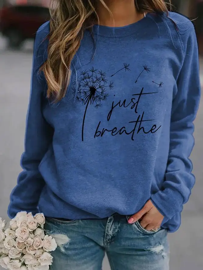 Blue Cotton Loose Crewneck Sweatshirt with "Just I Breathe" Design - Image 4
