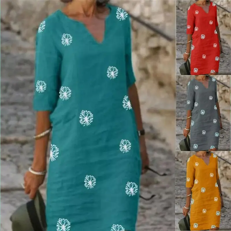 2021 Retro Print Long Sleeve V Neck Dress Grey Linen Cotton - Image 4