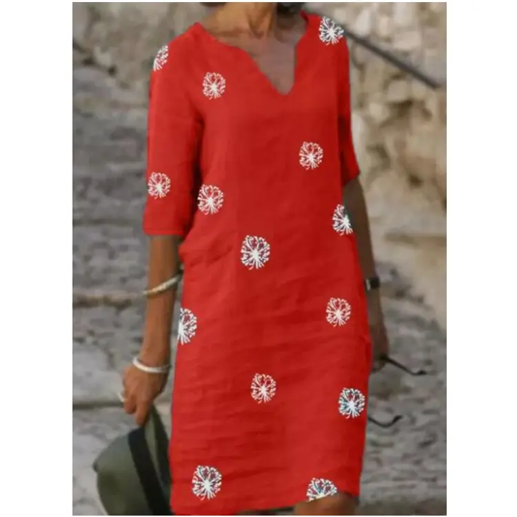 2021 Retro Print Long Sleeve V Neck Dress Grey Linen Cotton - Image 5