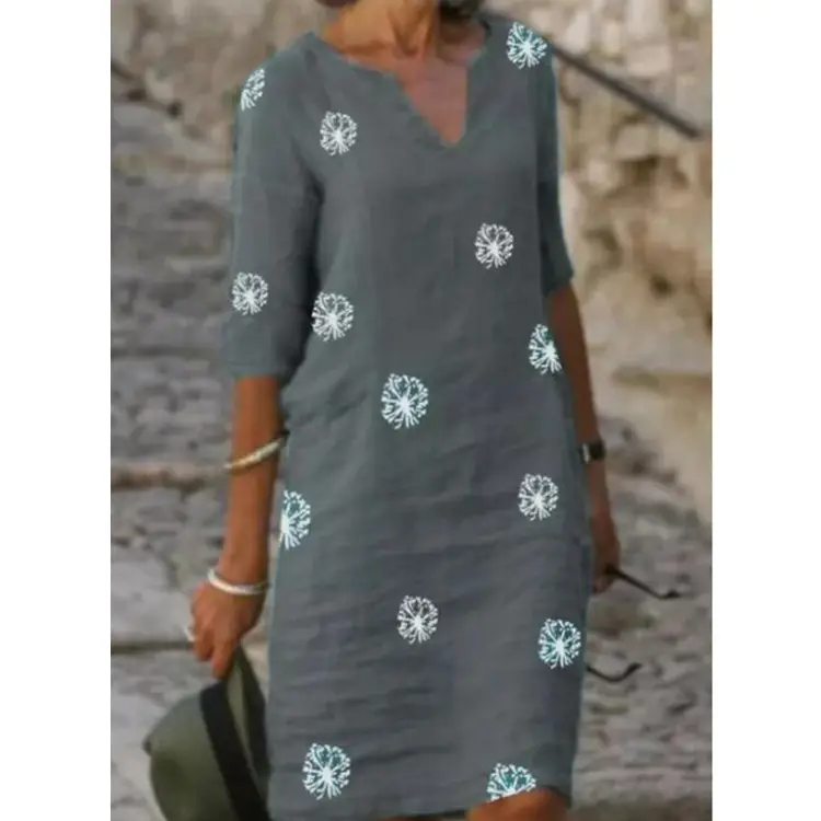 2021 Retro Print Long Sleeve V Neck Dress Grey Linen Cotton - Image 6