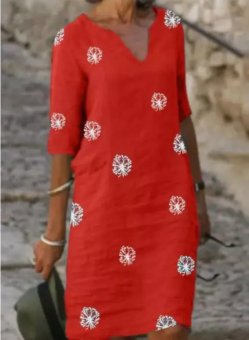 2021 Retro Print Long Sleeve V Neck Dress Grey Linen Cotton - Image 2
