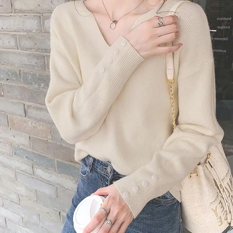 V-Neck Pullover Sweater Women Spring Knitted Button Cuff