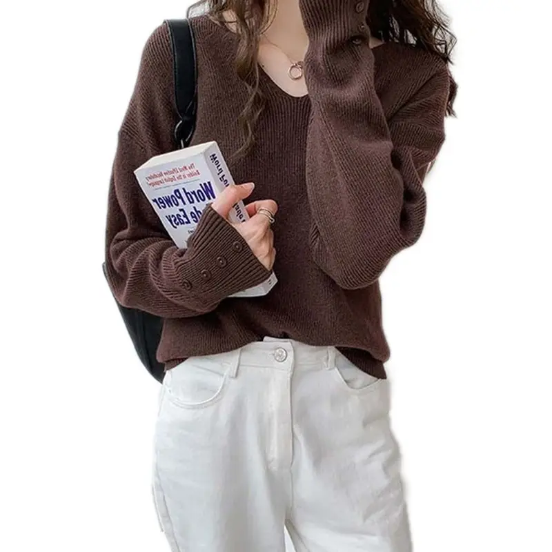 V-Neck Pullover Sweater Women Spring Knitted Button Cuff