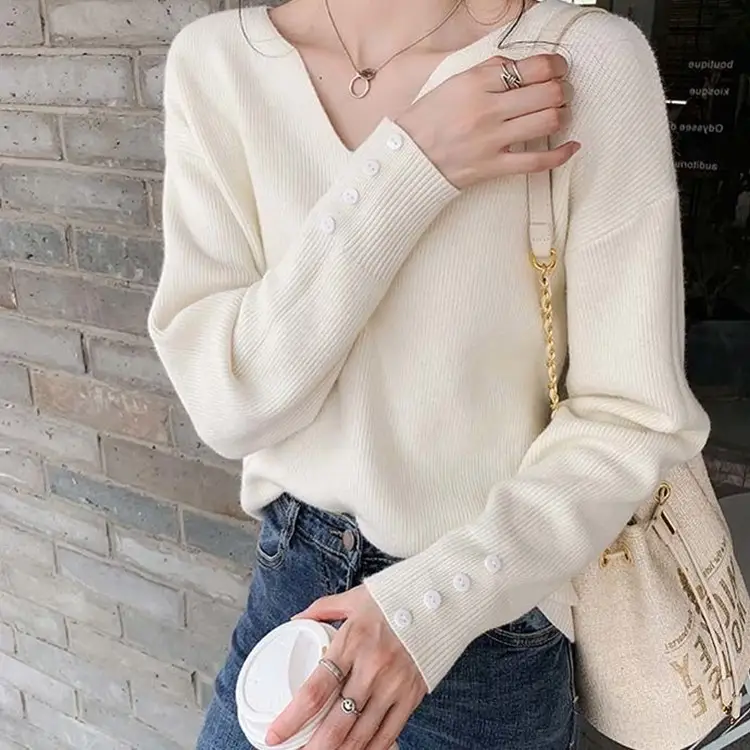 V-Neck Pullover Sweater Women Spring Knitted Button Cuff — feature 4