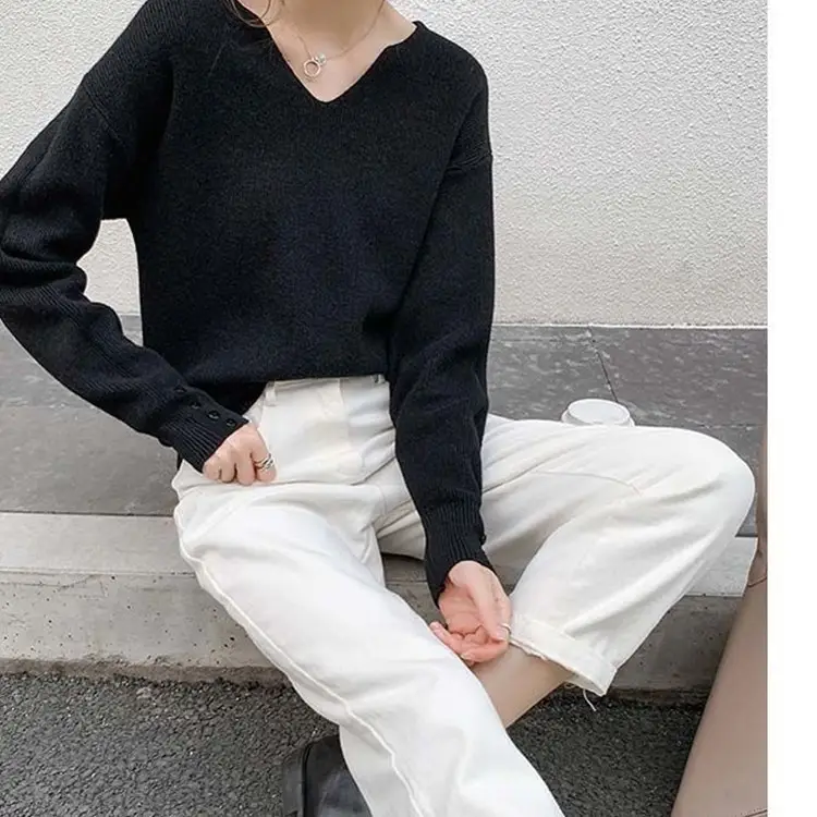 V-Neck Pullover Sweater Women Spring Knitted Button Cuff — feature 5