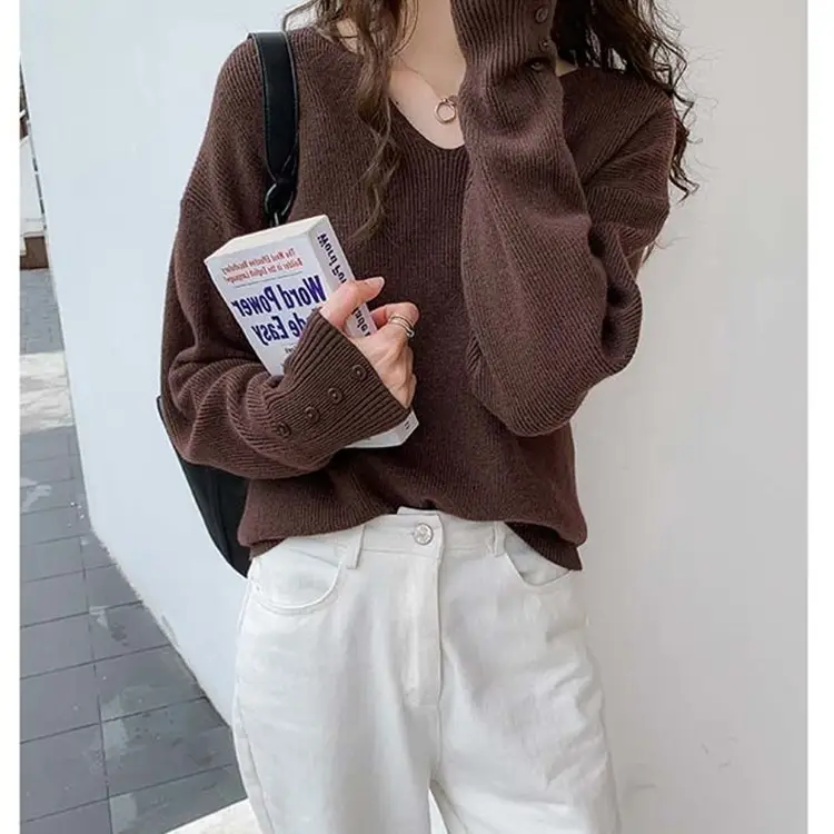 V-Neck Pullover Sweater Women Spring Knitted Button Cuff — feature 8
