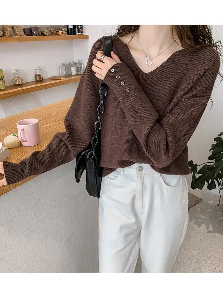 V-Neck Pullover Sweater Women Spring Knitted Button Cuff — feature 9