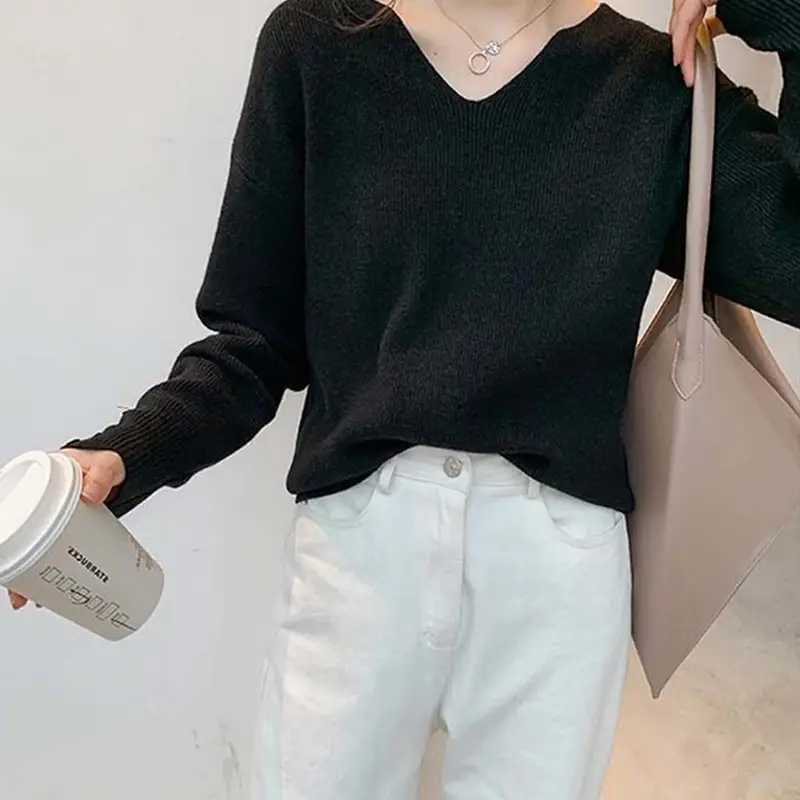 V-Neck Pullover Sweater Women Spring Knitted Button Cuff