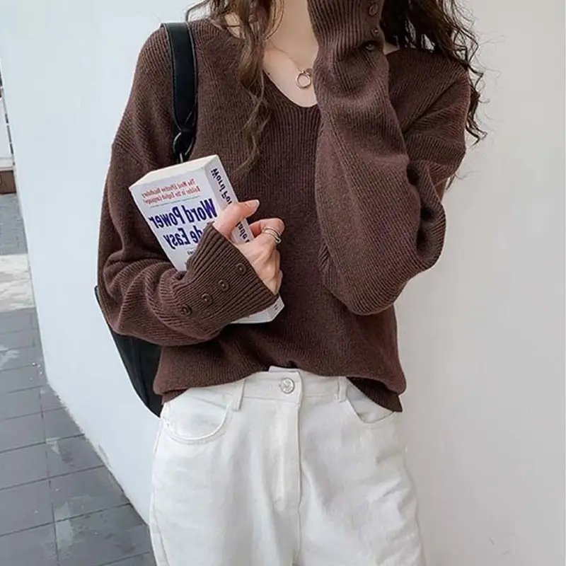 V-Neck Pullover Sweater Women Spring Knitted Button Cuff