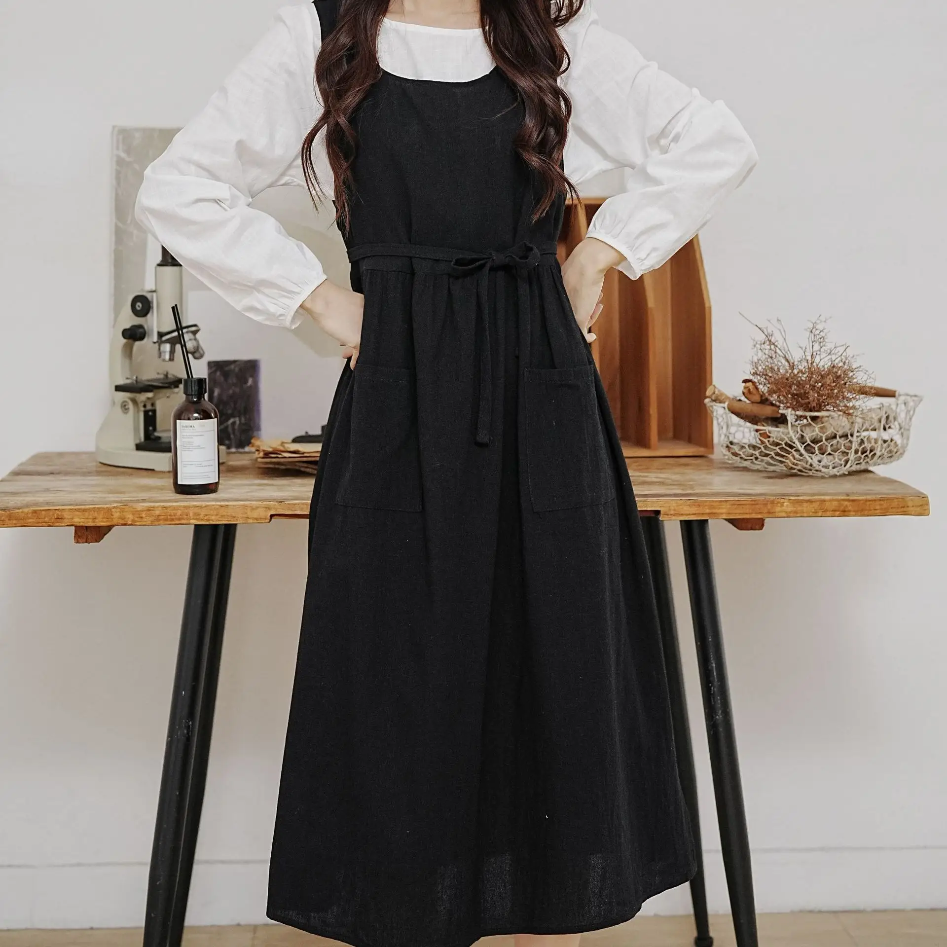 Black Plus Size Apron Dress with Tie & Side Slits - Image 12