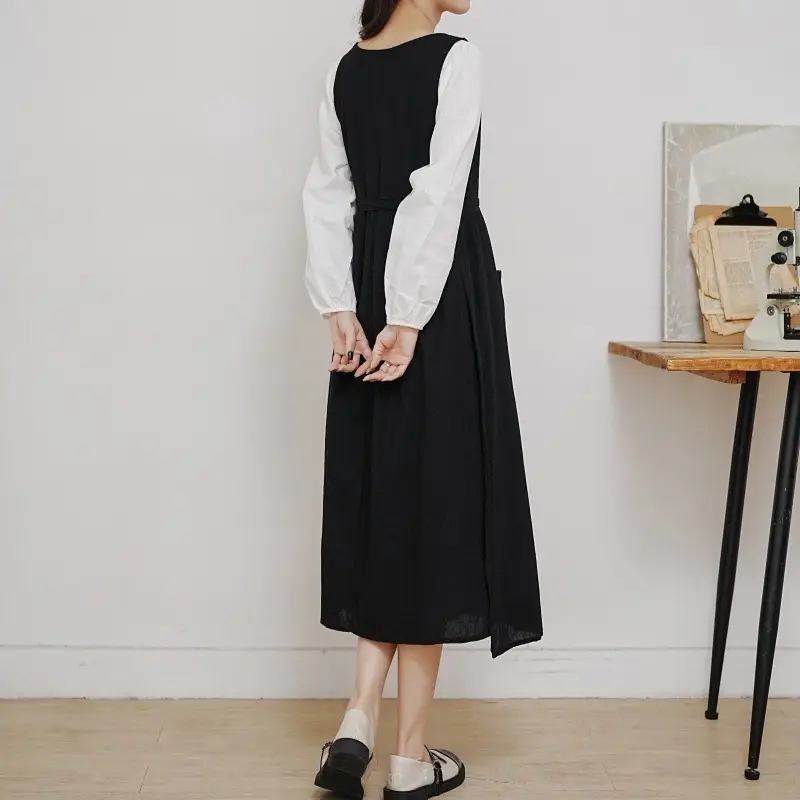 Black Plus Size Apron Dress with Tie & Side Slits - Image 14
