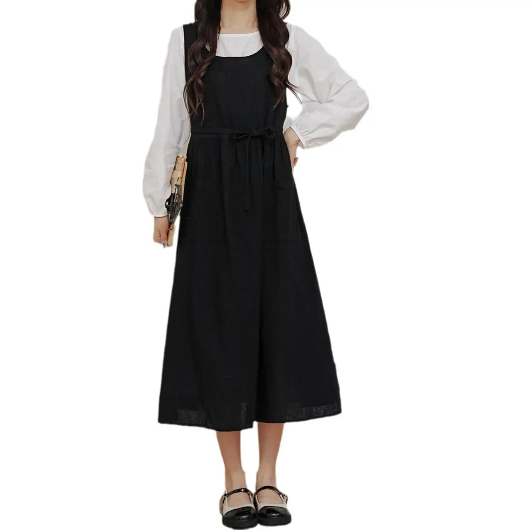 Black Plus Size Apron Dress with Tie & Side Slits - Image 15