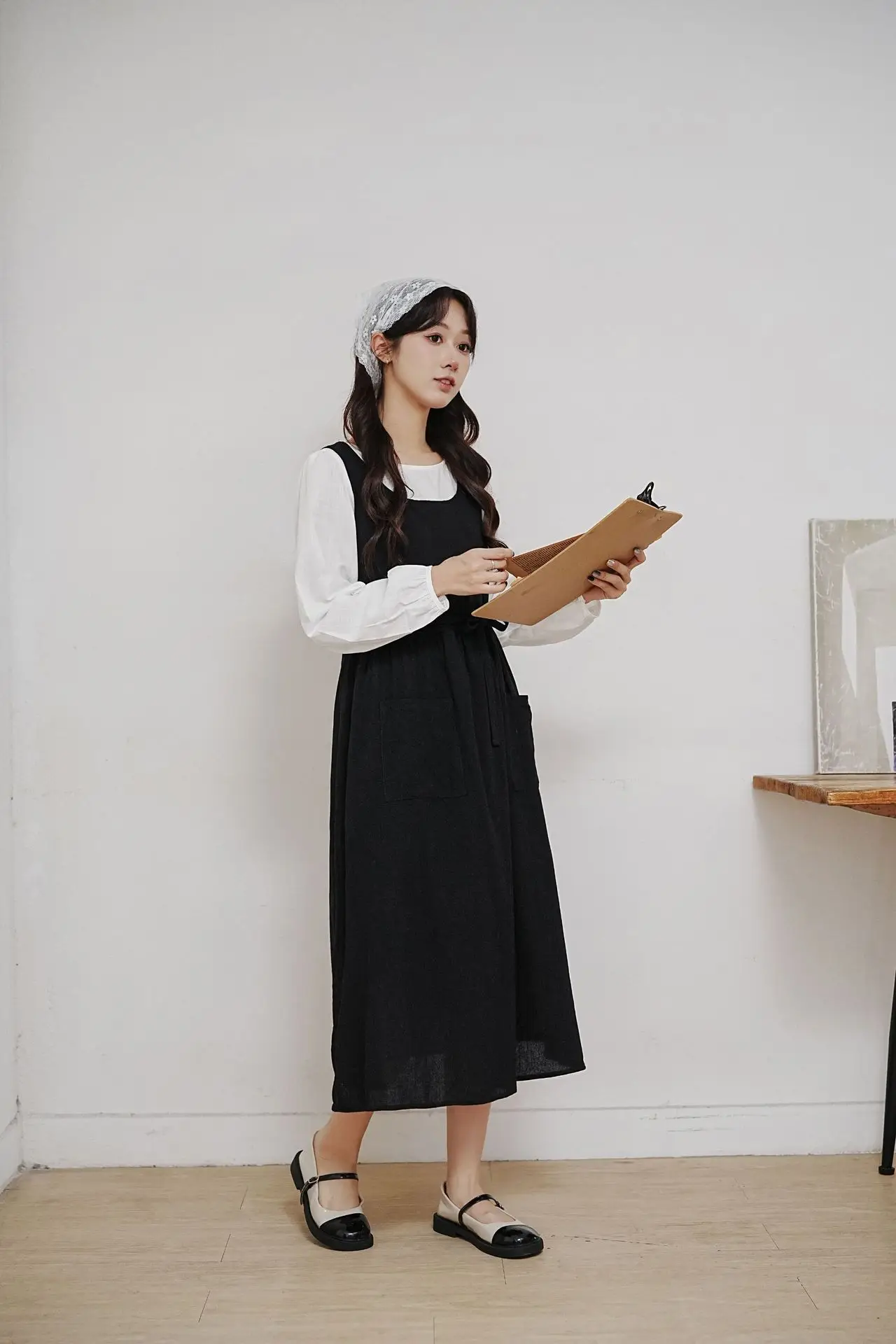 Black Plus Size Apron Dress with Tie & Side Slits - Image 3