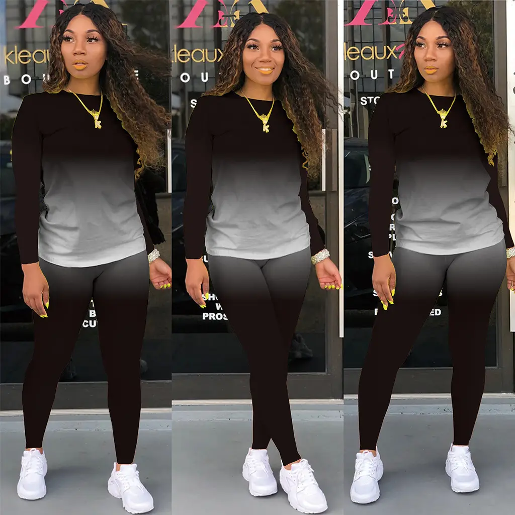 Women's Gradient Long Sleeve Pants Two-Piece Suit Black Grey - Image 7