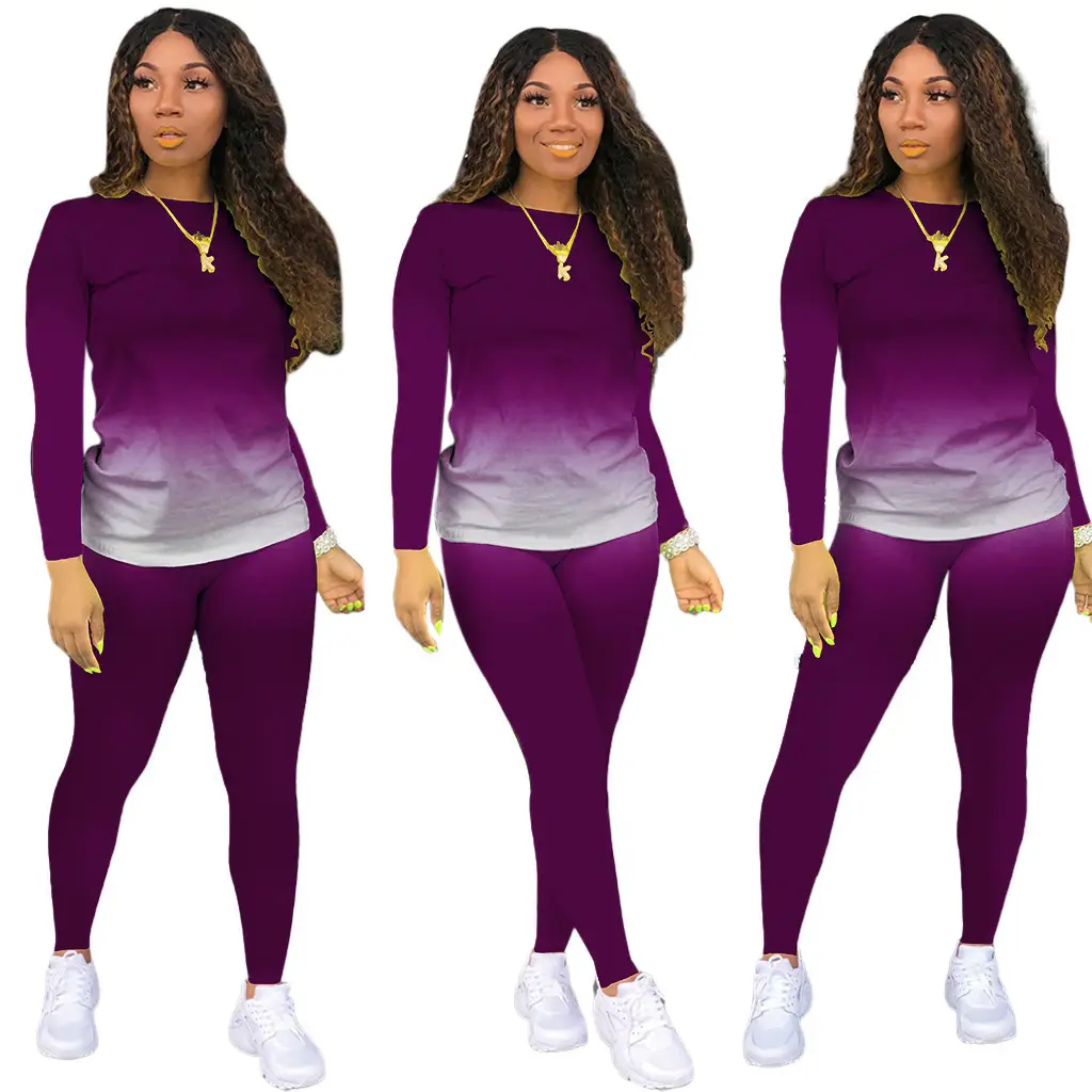 Women's Gradient Long Sleeve Pants Two-Piece Suit Black Grey - Image 2