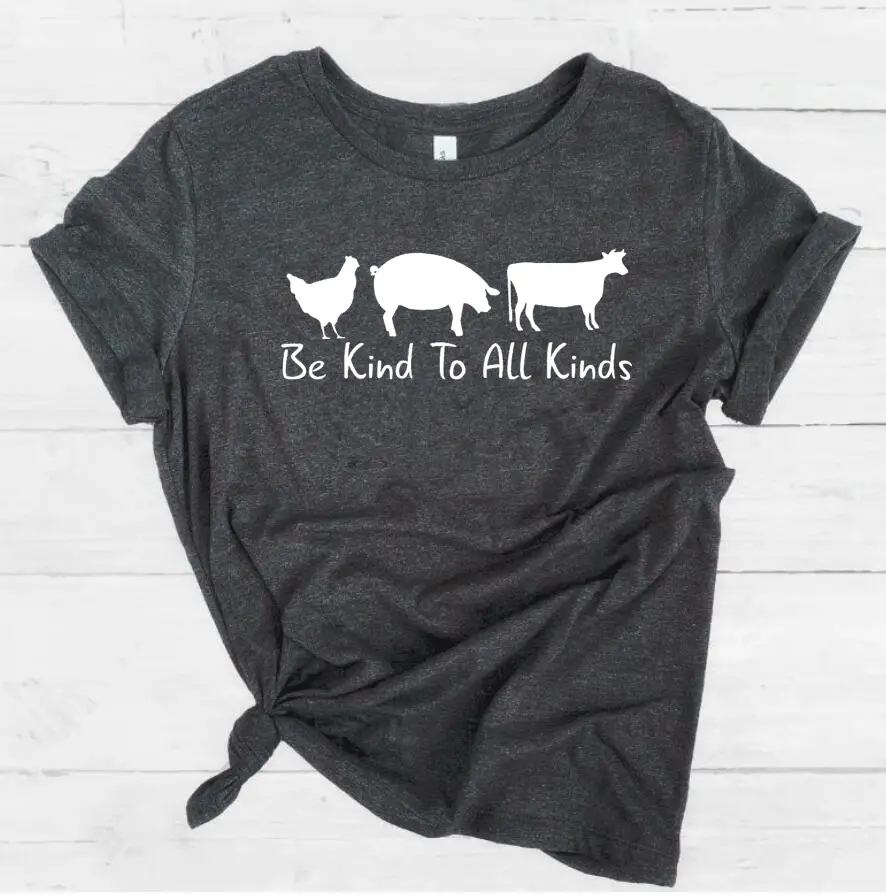 Pink T-Shirt with Pig Cow Graphic "Be Kind To All Kinds"