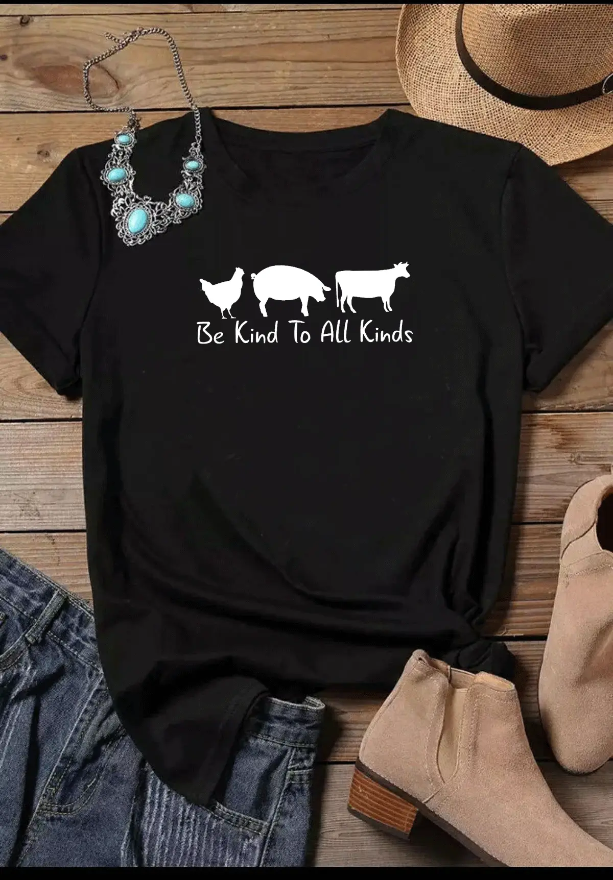 Pink T-Shirt with Pig Cow Graphic "Be Kind To All Kinds"