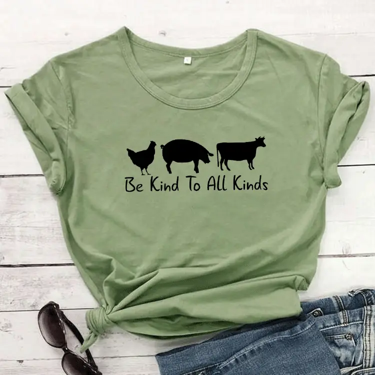 Pink T-Shirt with Pig Cow Graphic "Be Kind To All Kinds"