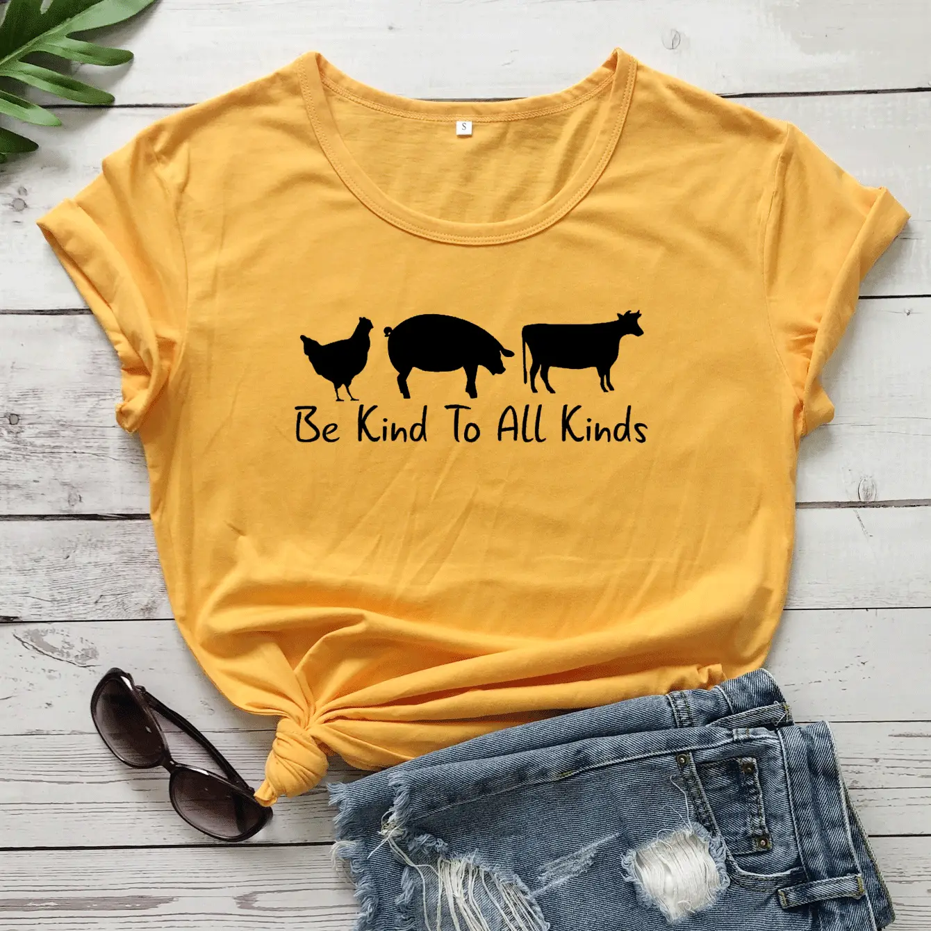 Pink T-Shirt with Pig Cow Graphic "Be Kind To All Kinds"