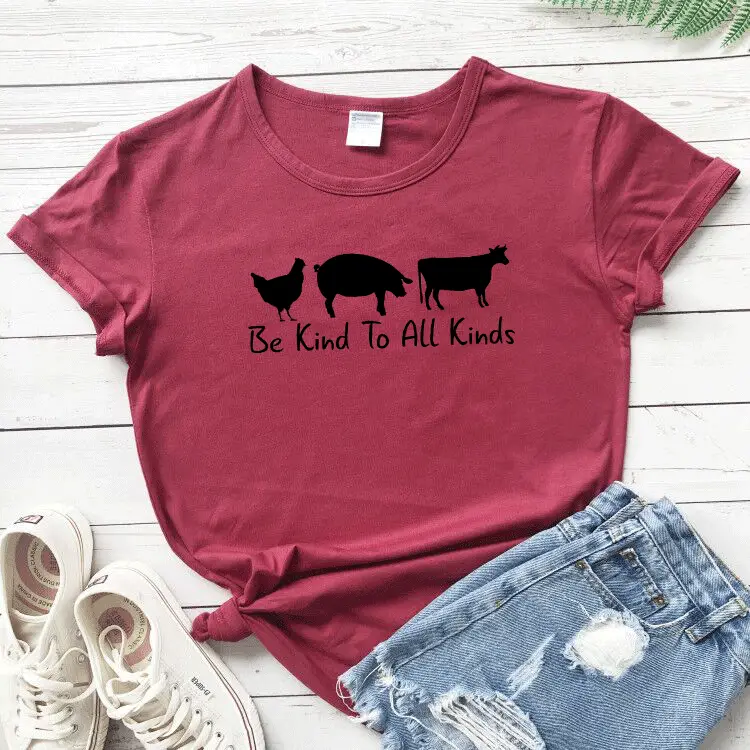 Pink T-Shirt with Pig Cow Graphic "Be Kind To All Kinds"