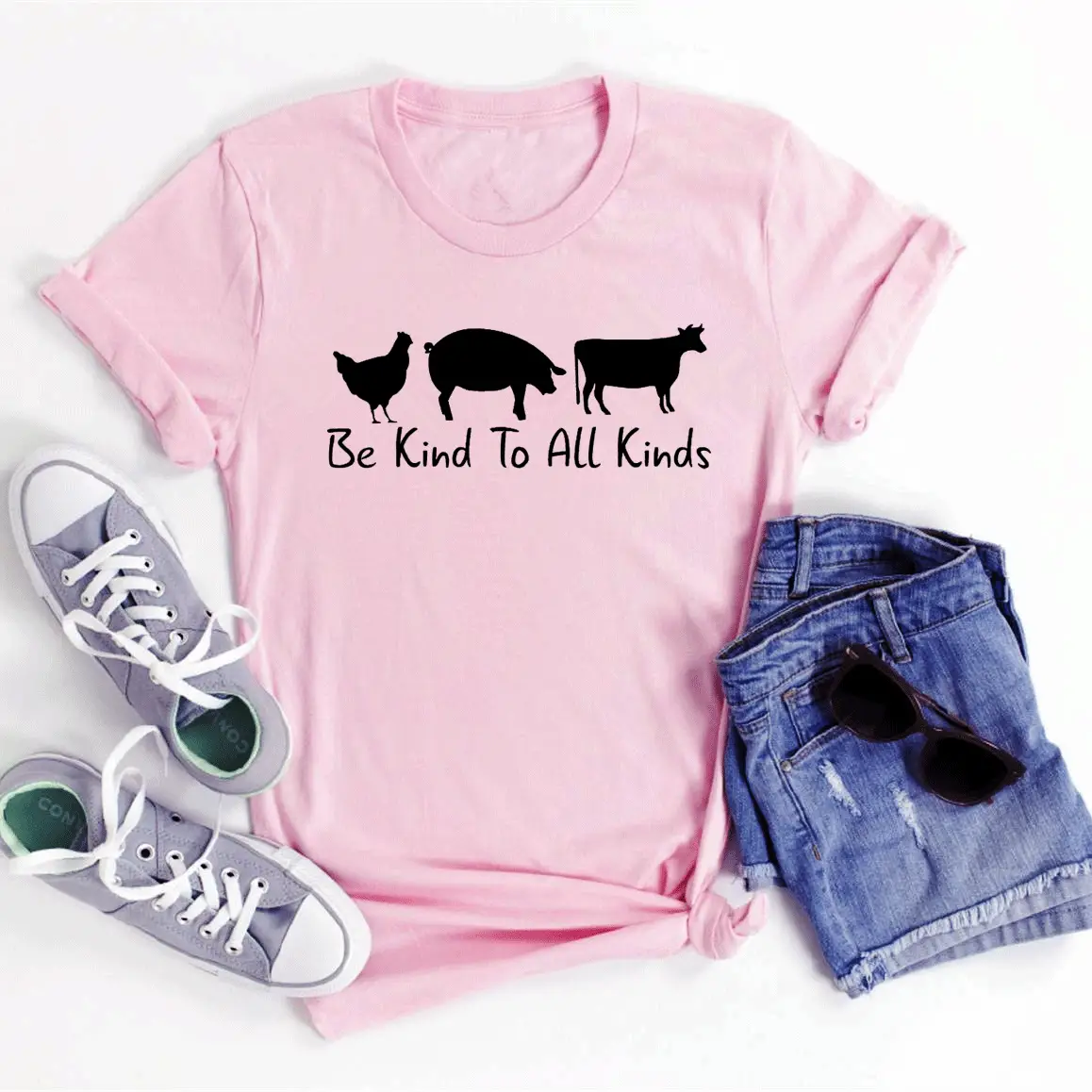 Pink T-Shirt with Pig Cow Graphic "Be Kind To All Kinds"