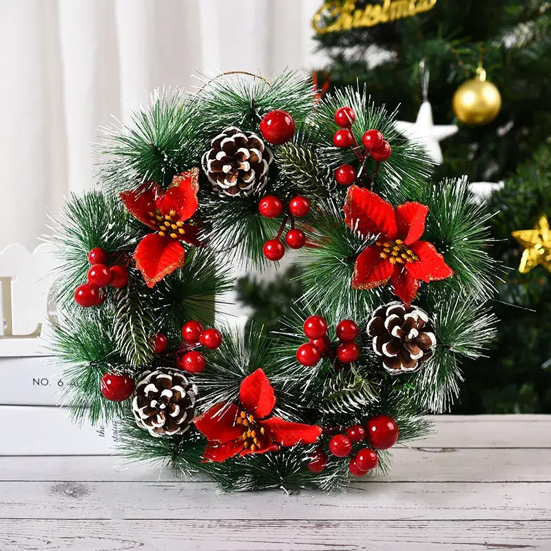 Christmas Wreath Decorated with Pinecones and Red Berries