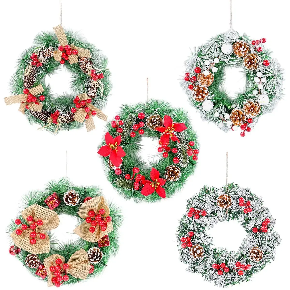 Christmas Wreath Decorated with Pinecones and Red Berries