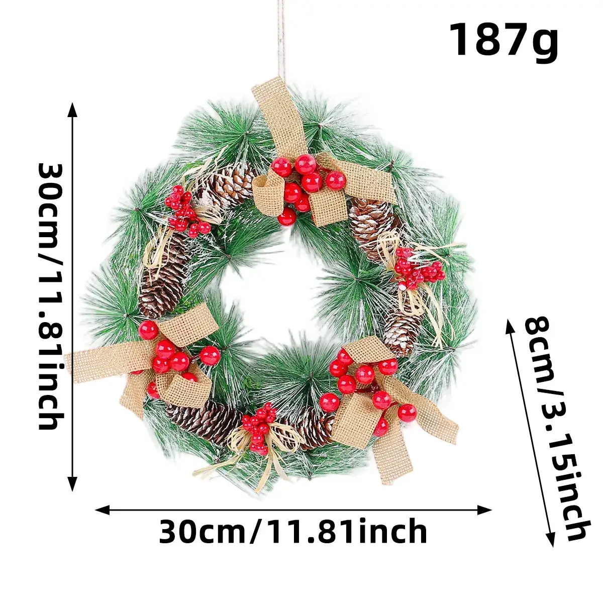 Christmas Wreath Decorated with Pinecones and Red Berries