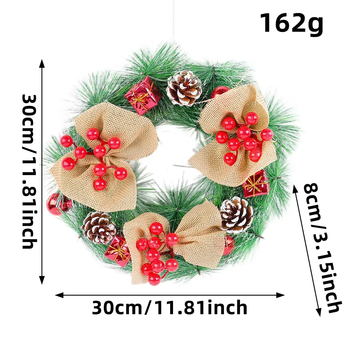 Christmas Wreath Decorated with Pinecones and Red Berries