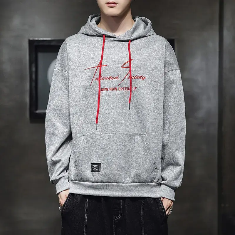 Men Grey Hoodie Red Printed Drawstring