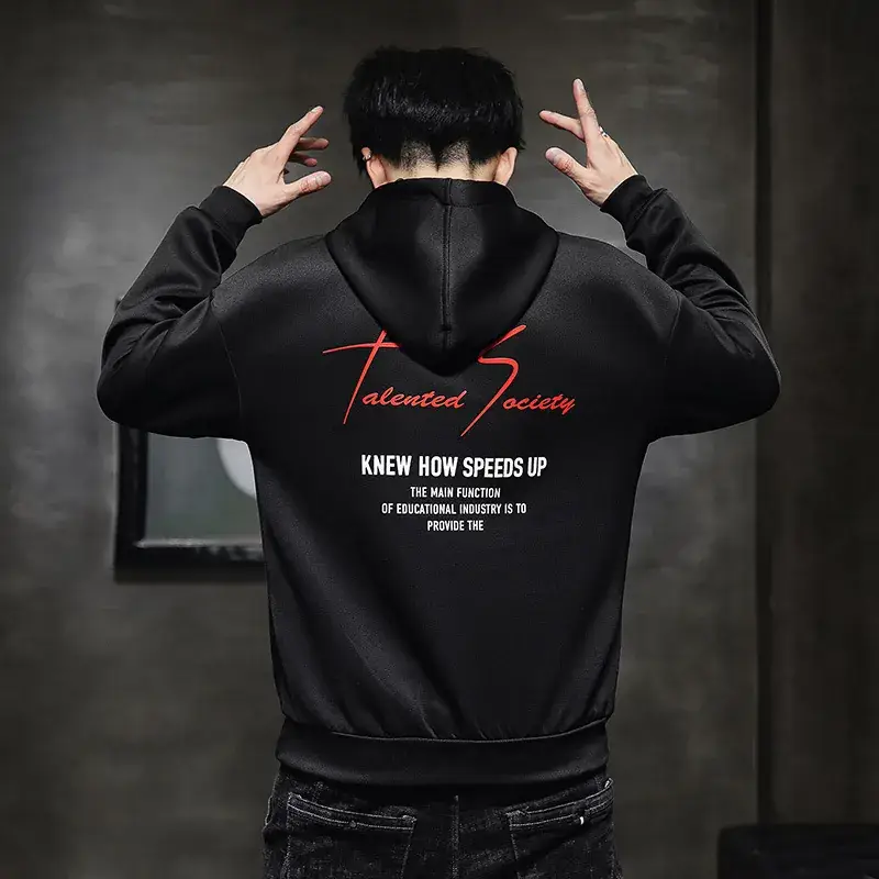 Men Grey Hoodie Red Printed Drawstring