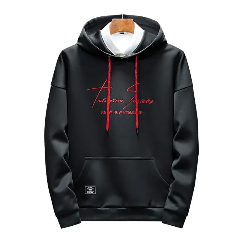 Men Grey Hoodie Red Printed Drawstring