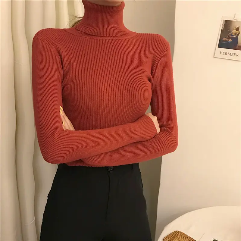 Women 2025 Warm Knit Turtleneck Red Slim Fit - Image 10