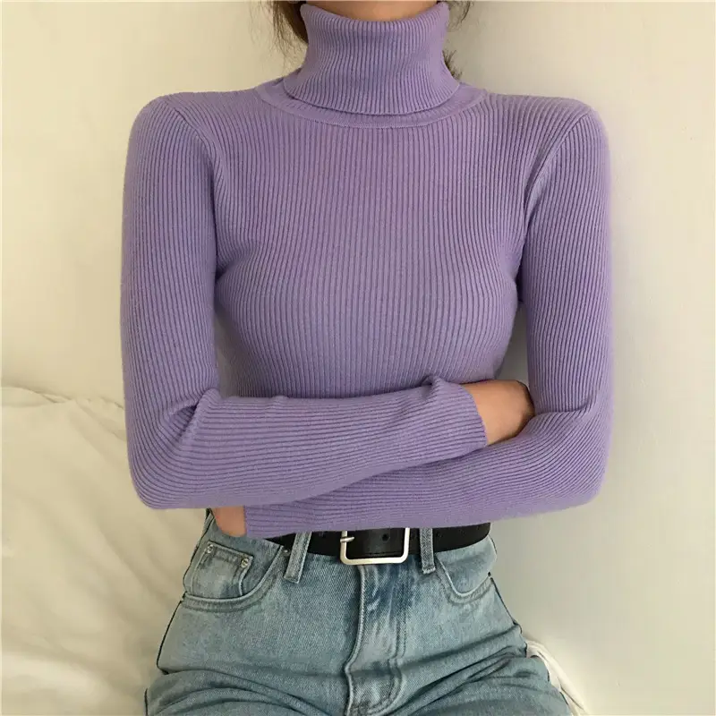 Women 2025 Warm Knit Turtleneck Red Slim Fit - Image 5
