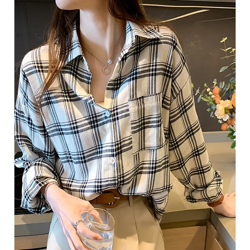 Women Plaid Print Long Sleeve Jacket with Turn-Down Collar - Image 4