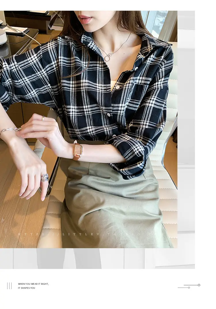 Women Plaid Print Long Sleeve Jacket with Turn-Down Collar — feature 3