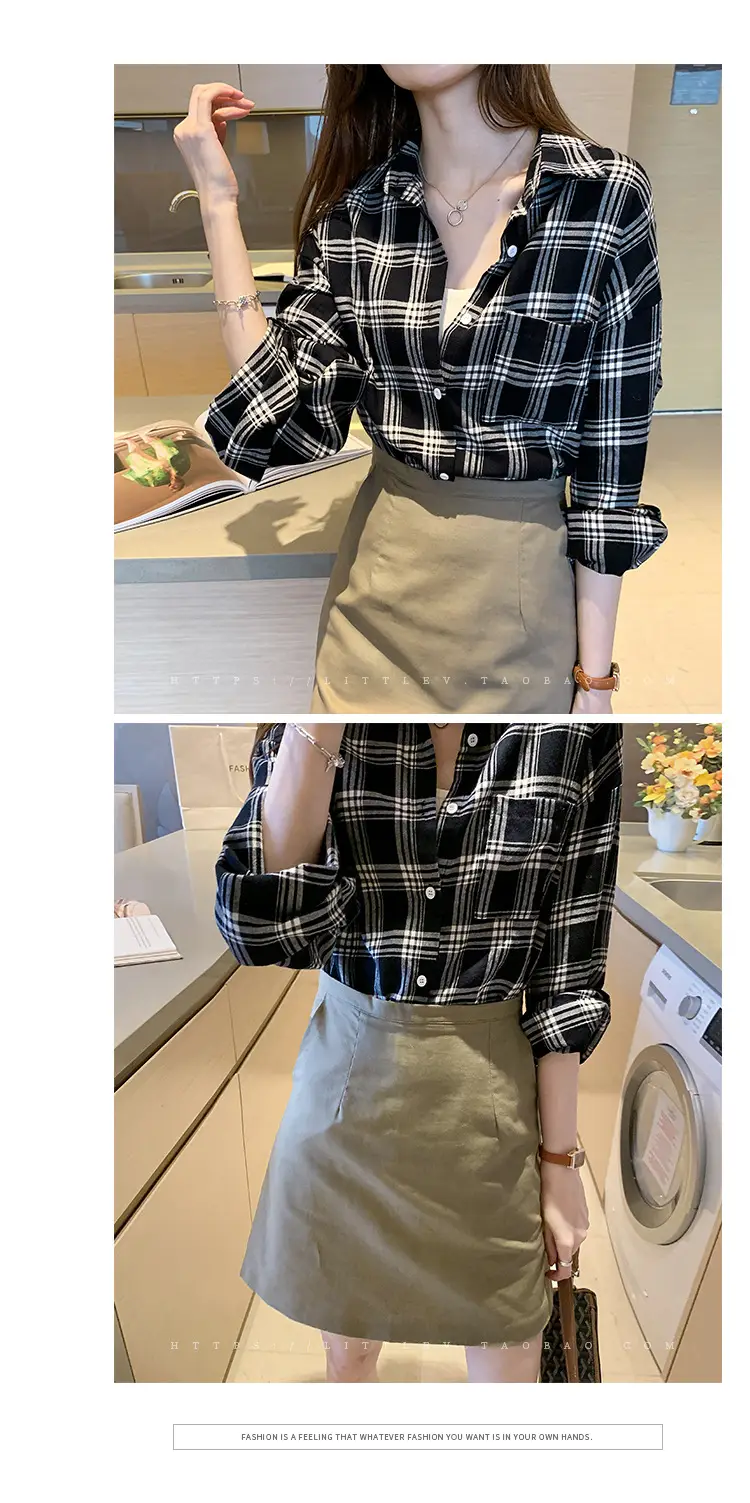 Women Plaid Print Long Sleeve Jacket with Turn-Down Collar — feature 4