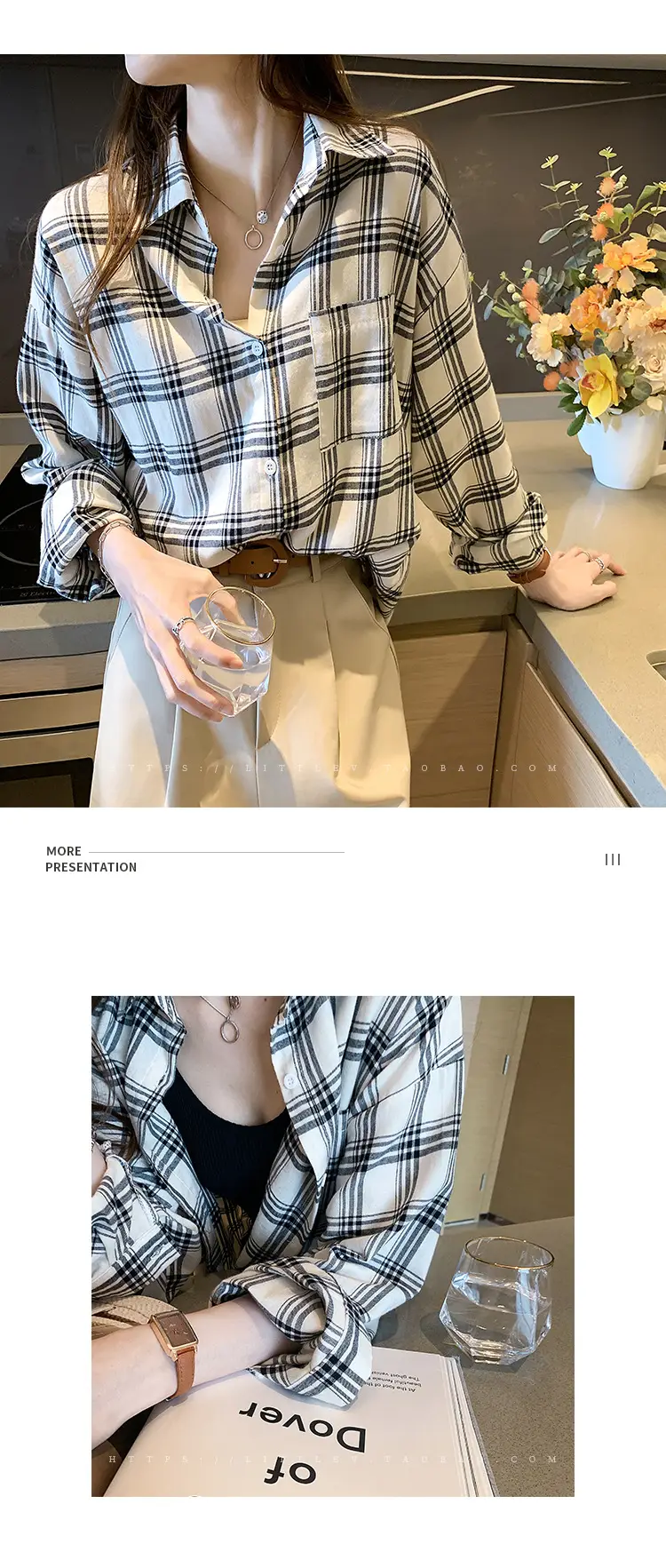 Women Plaid Print Long Sleeve Jacket with Turn-Down Collar — feature 7