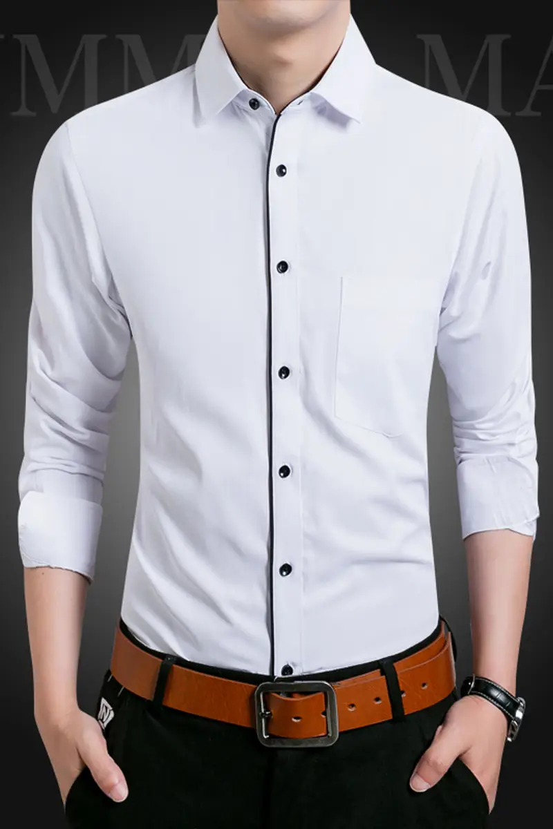 Men Long Sleeve White Slim Fit Business Shirt - Image 8