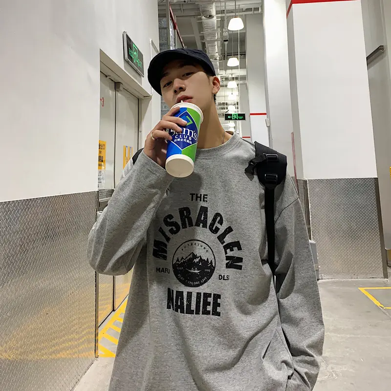 Men's Grey Korean Style Long Sleeve T-Shirt