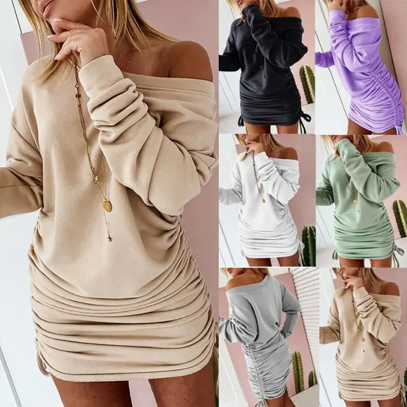 2023 Drawstring Pleated Long Sleeve Dress