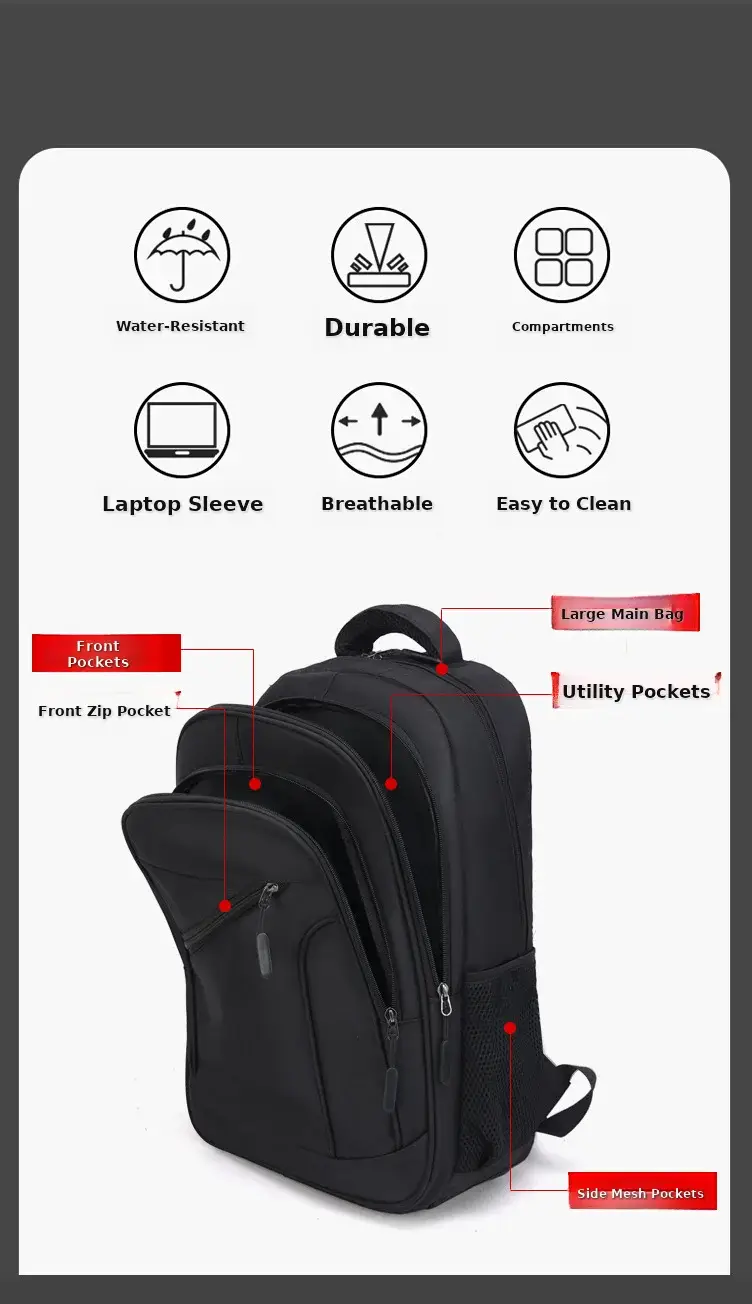Men's Black Crossbody School Backpack Large Capacity Travel Bag — feature 3
