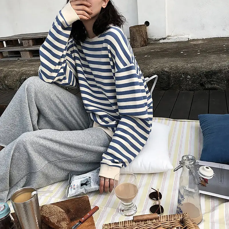Women Cotton Striped Long Sleeve Jacket Sweatshirt - Image 4