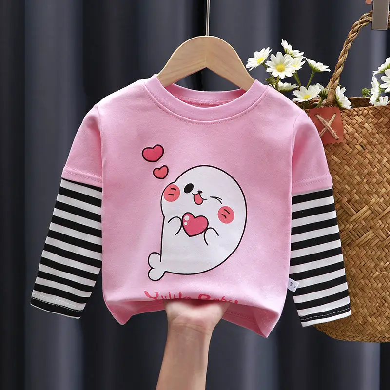 Girls Cartoon T-Shirt Grey Striped Sleeve Baby Boy - Image 4