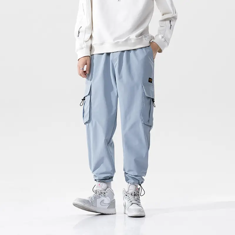 Men's Light Blue Cargo Pants Ankle-Tied Drawstring - Image 6