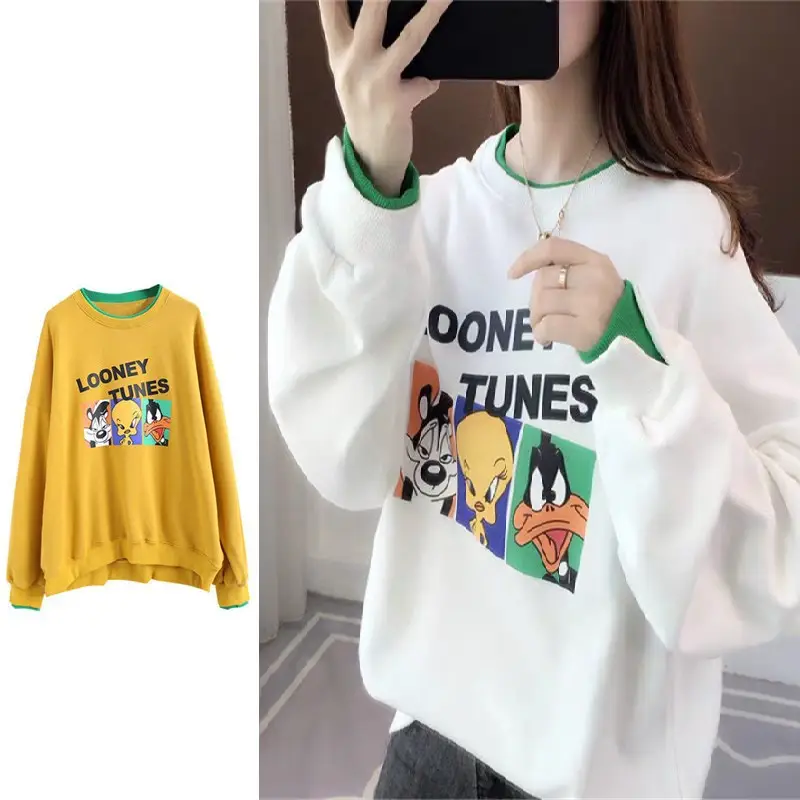 Women Fake Two-Piece Sweater Set White Green Cartoon Print - Image 14