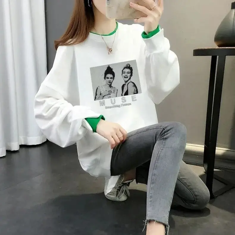 Women Fake Two-Piece Sweater Set White Green Cartoon Print — feature 14
